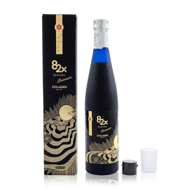 82X Sakura Premium Collagen bottle and box packaging with gold Japanese design.