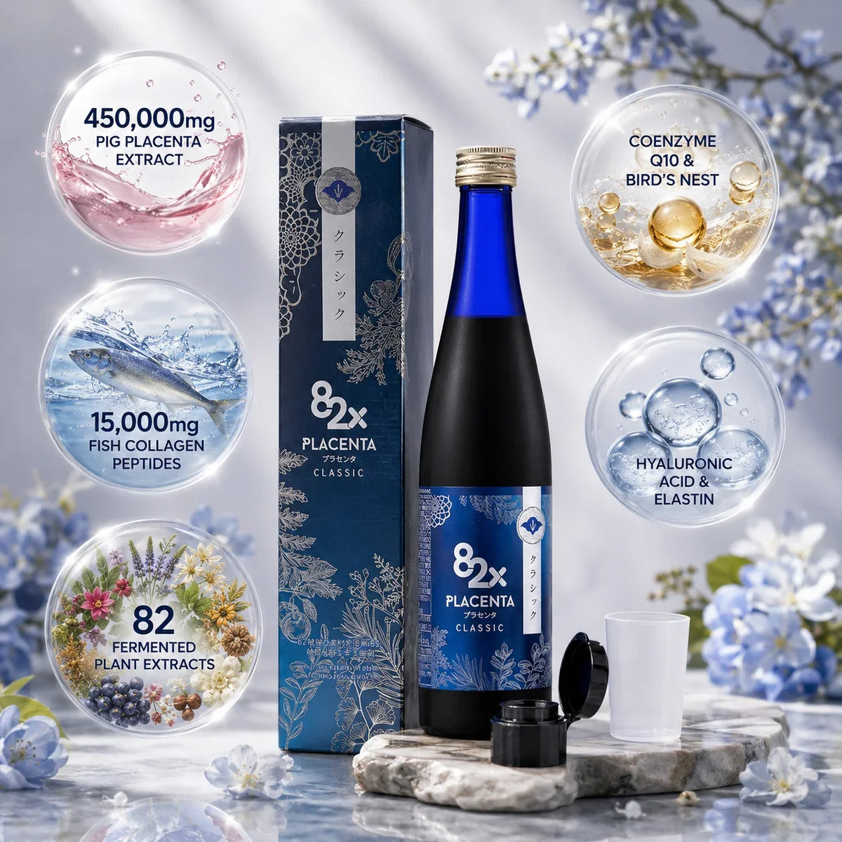 82x Placenta Classic supplement bottle and box with key ingredients like fish collagen and bird's nest