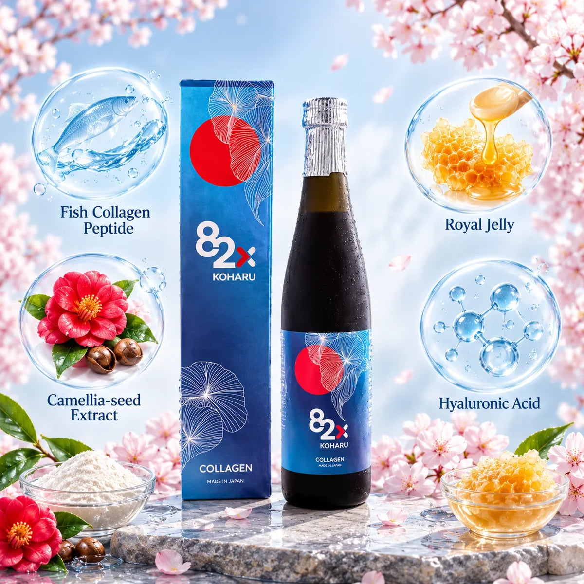 Japanese collagen supplement bottle and box with fish peptide, royal jelly, and hyaluronic acid.