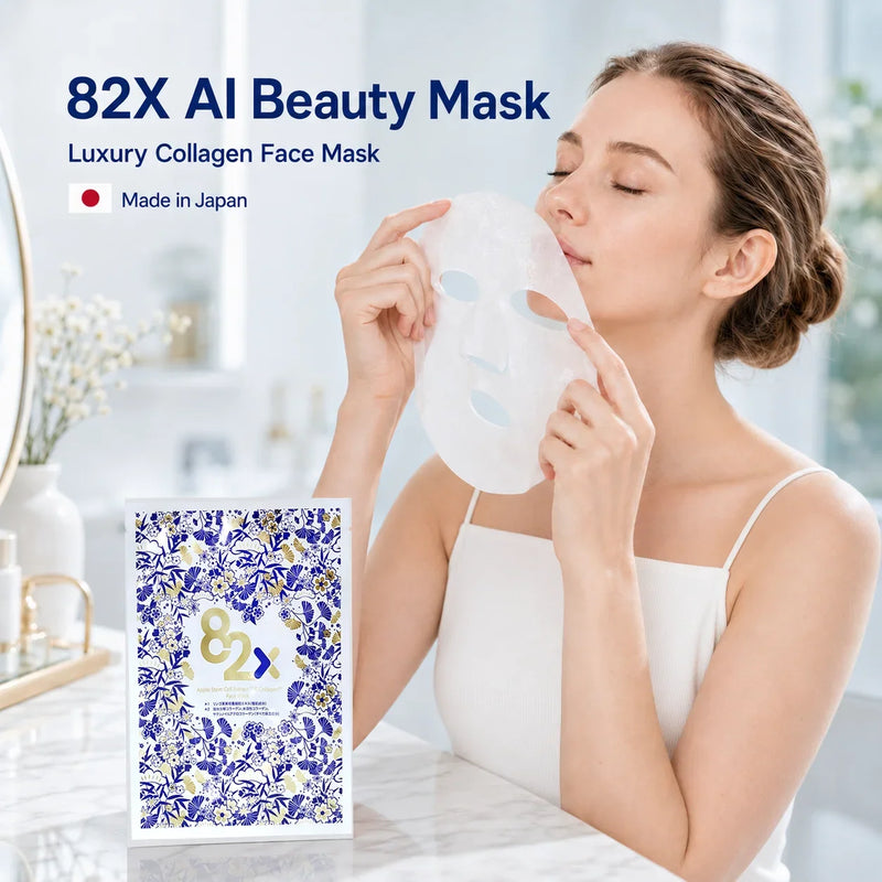 Woman applying a luxury collagen face mask for skin hydration and beauty care.