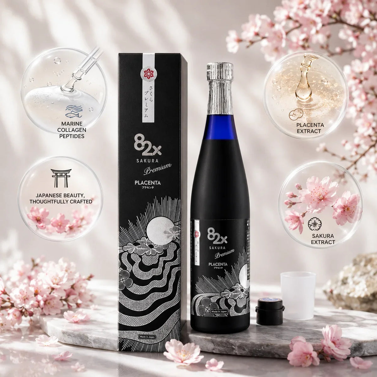 82x Sakura Premium Placenta supplement bottle and box with marine collagen and sakura extract.