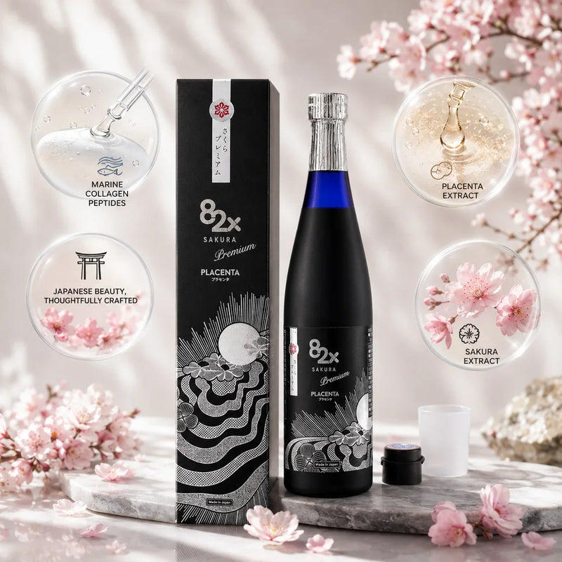 82x Sakura Premium Placenta supplement bottle and box with marine collagen and sakura extract.