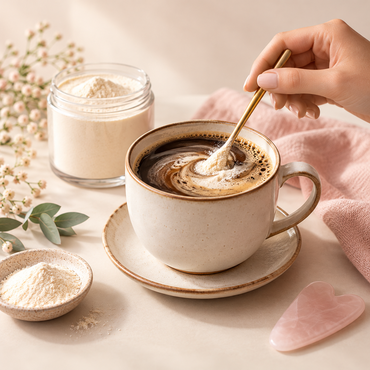 Collagen powder stirred into a ceramic cup of coffee, editorial photography