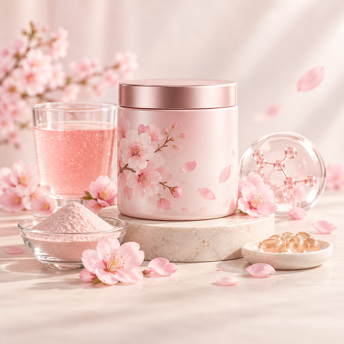 Sakura-inspired collagen editorial still life; illustration, not official product packaging