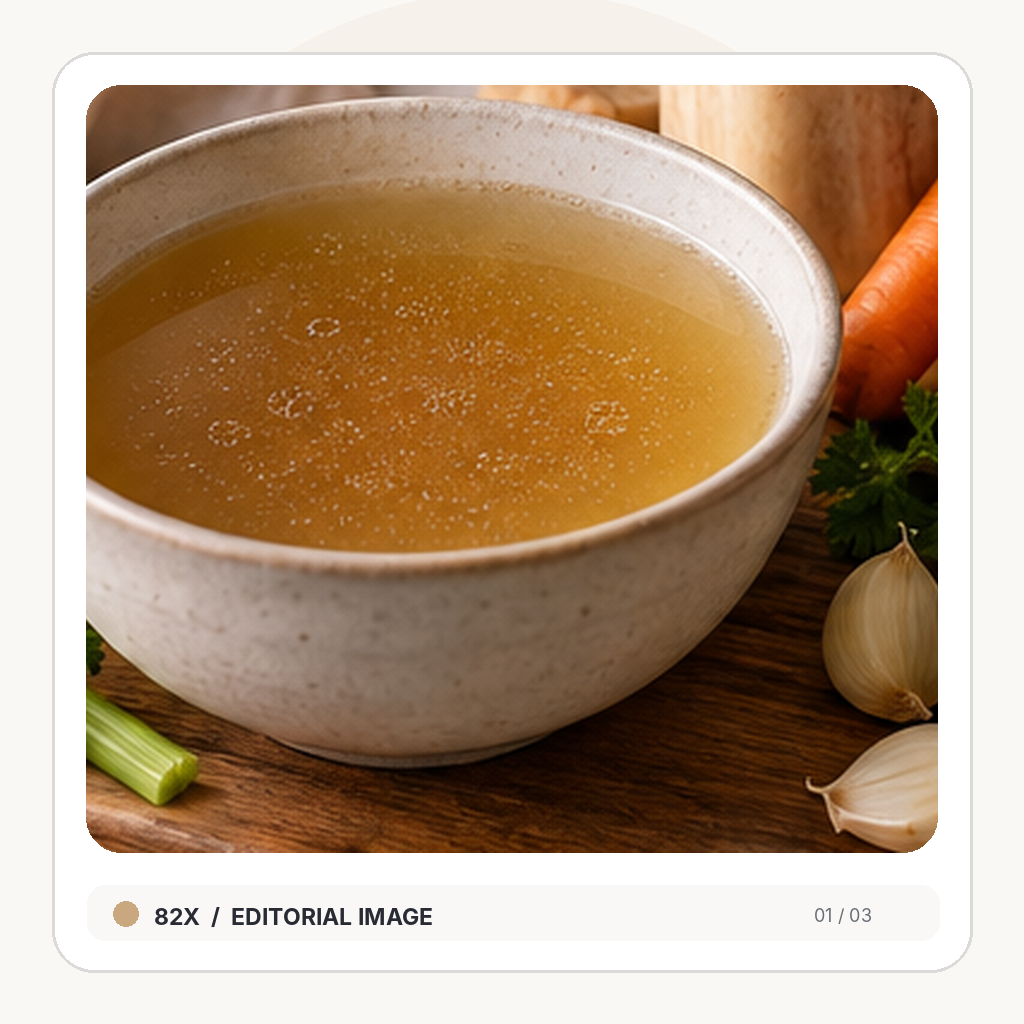 Bowl of brown bone broth with ingredients, illustrative image