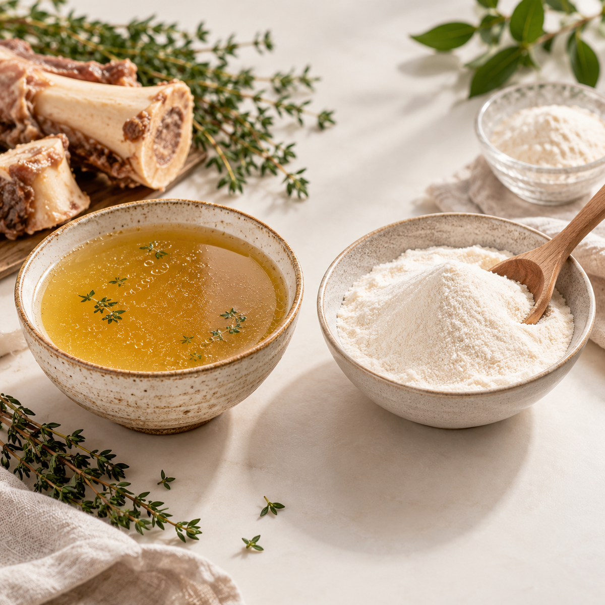Bone broth beside unbranded collagen peptide powder