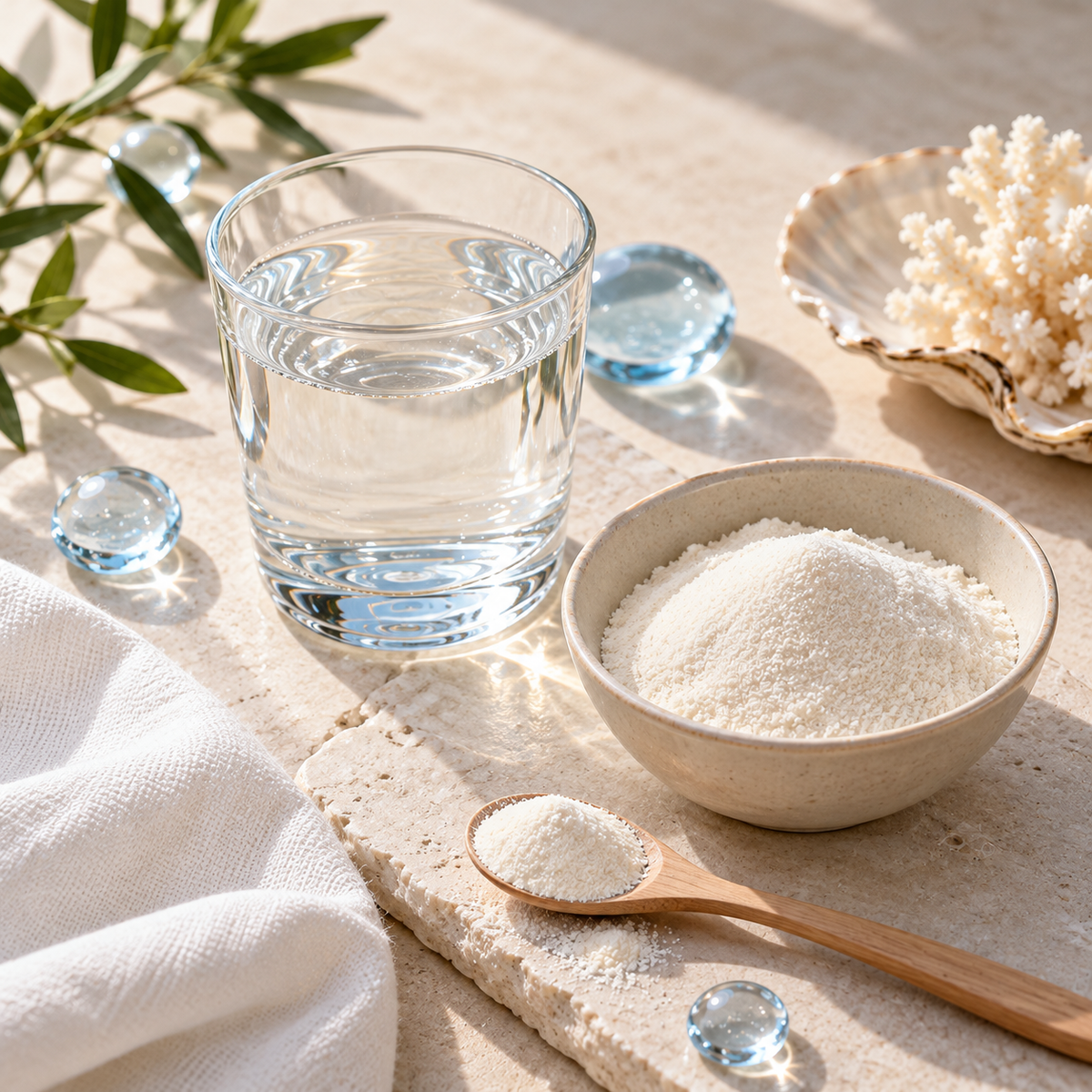 Collagen peptide powder beside a glass of water in a bright skincare still life