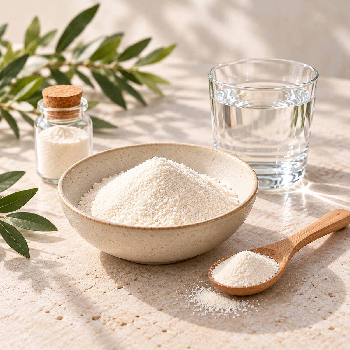 Collagen peptide powder in ceramic bowl beside glass of water