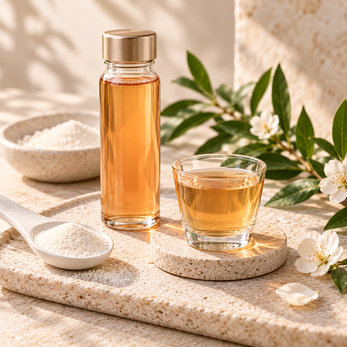 Liquid collagen in small bottle and glass alongside collagen powder