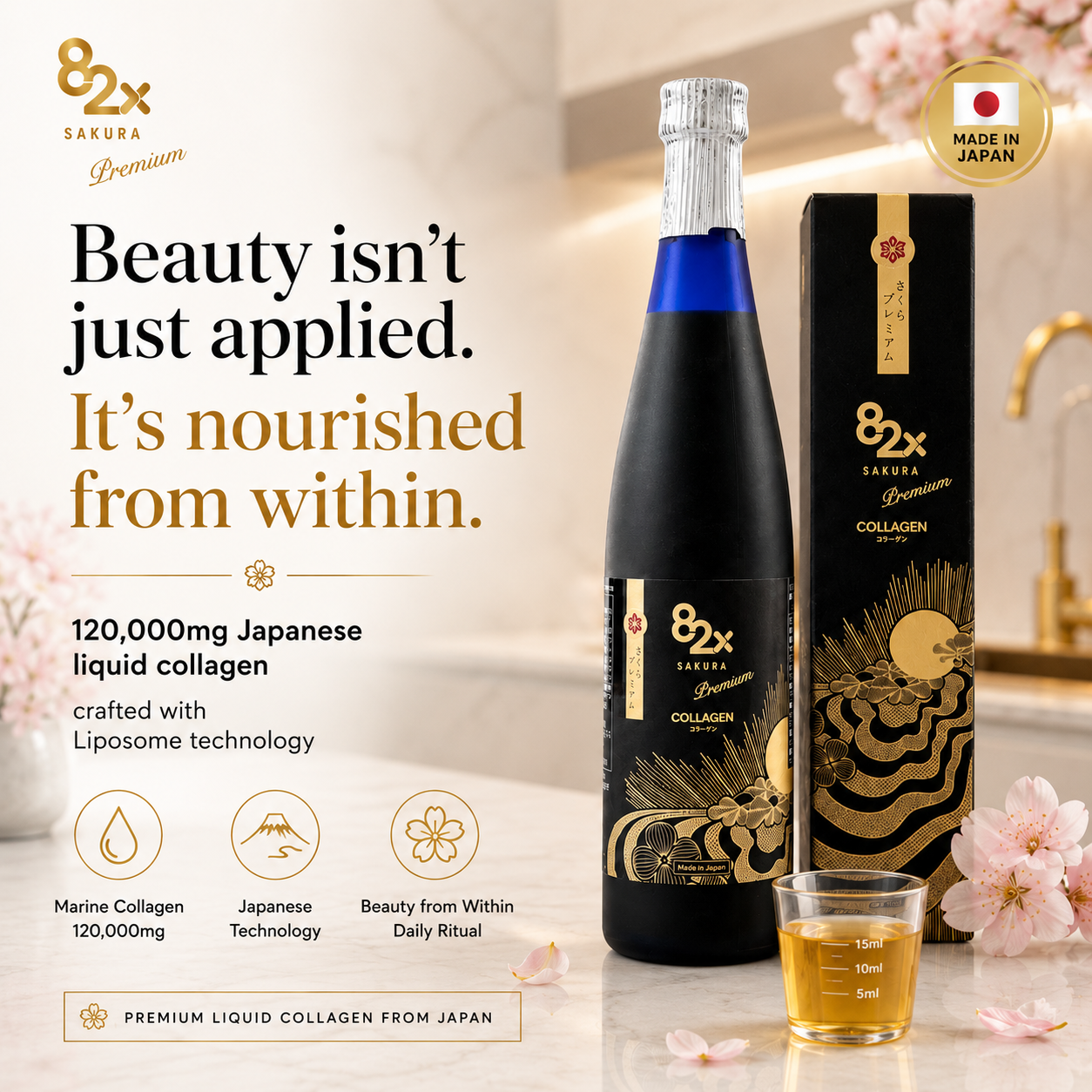 MASHIRO 82X Sakura Collagen supplement bottle with pink label and Japanese cherry blossom design.