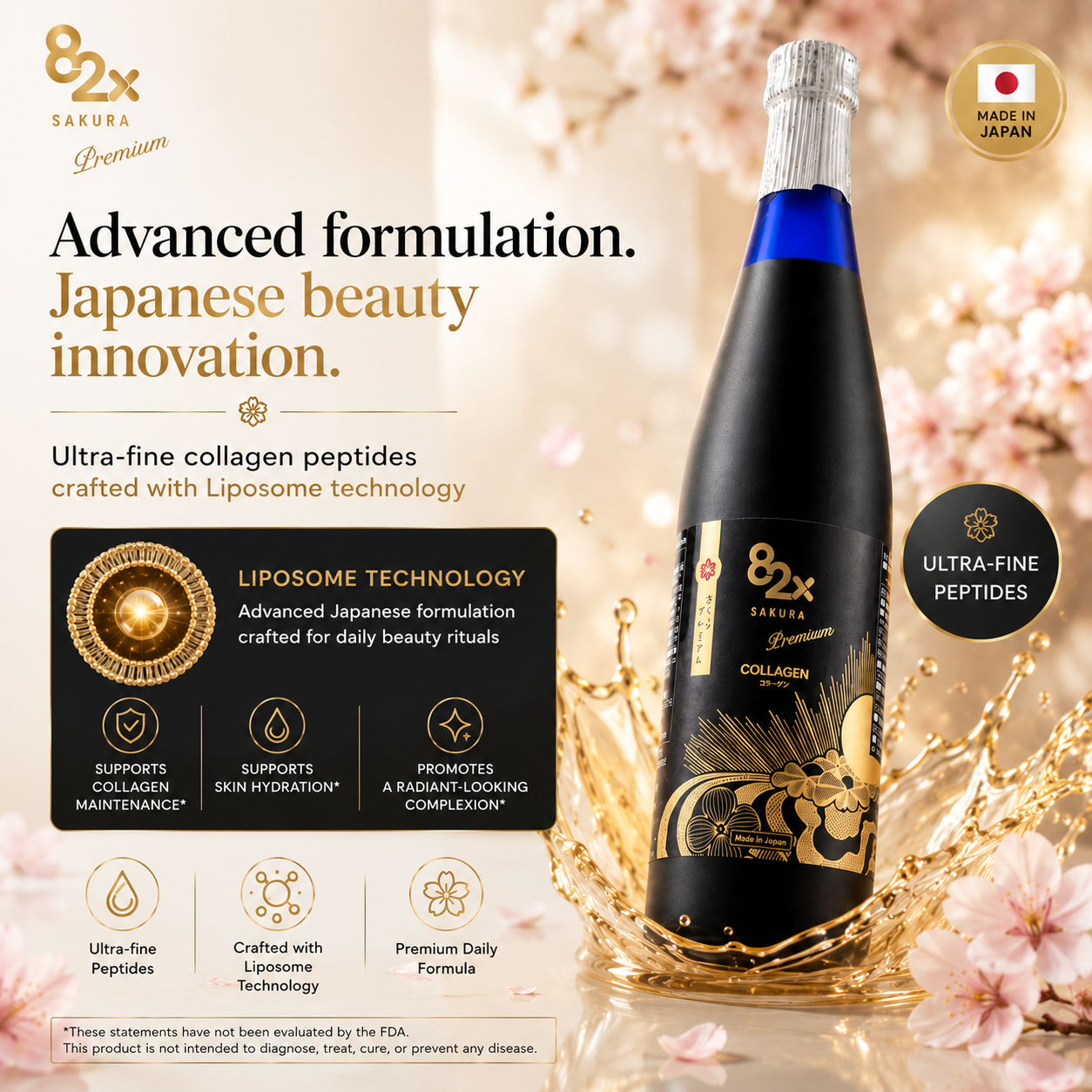 MASHIRO 82X Sakura Collagen bottle showing the label and pink packaging, highlighting collagen supplement for skin health.