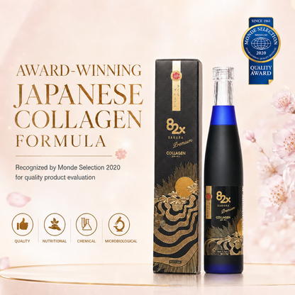 MASHIRO 82X Sakura Collagen supplement bottle with pink label and cap, featuring cherry blossom graphics and collagen branding.